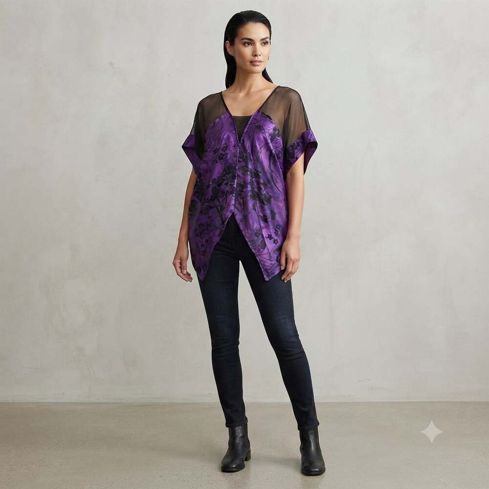 Kenar Purple and Black Floral Silk V-Neck Sheer Panel Blouse L